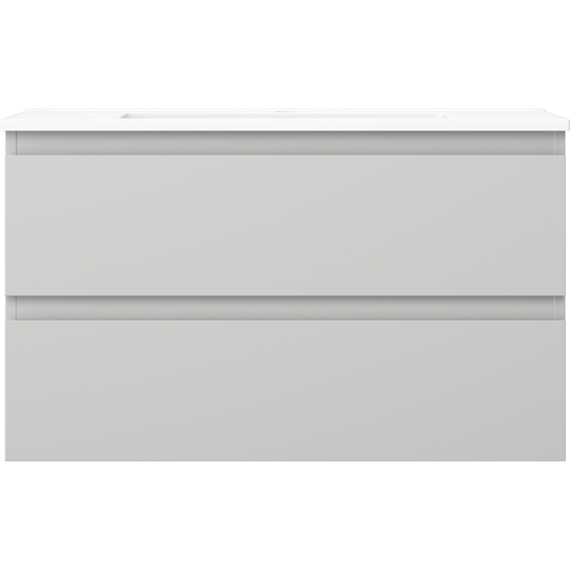 Servant med skap i grå matt med to skuffer og hvit benkeplate, sett rett forfra.