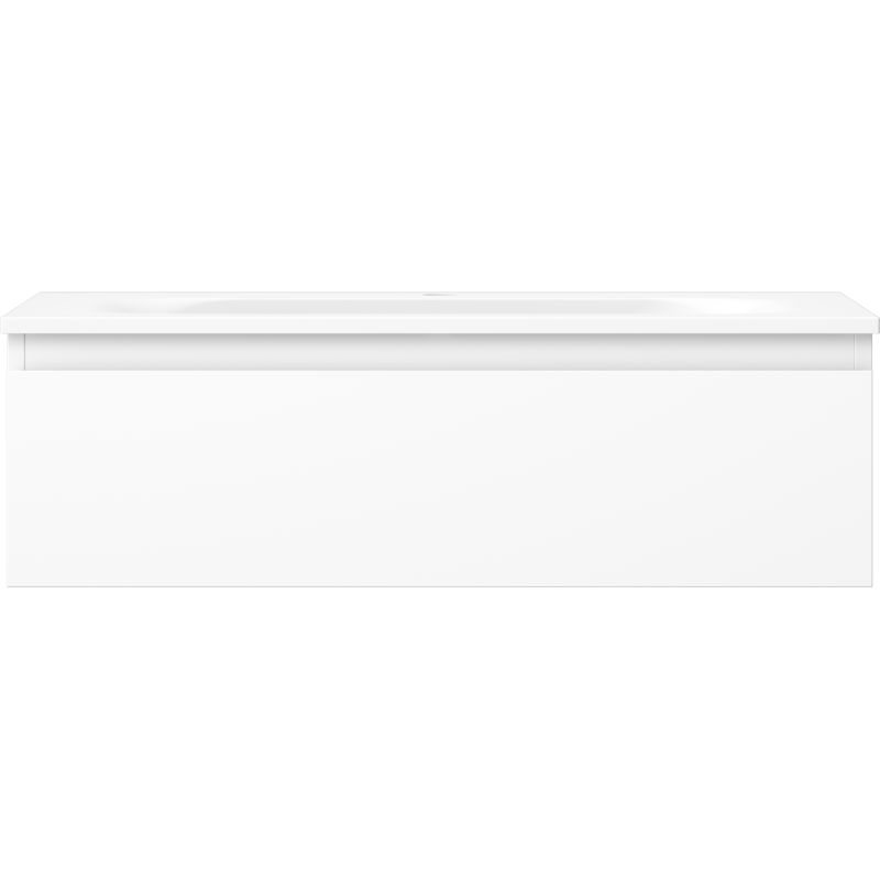 Servant med skap i hvit matt utførelse, rett forfra, minimalistisk design uten synlige håndtak.