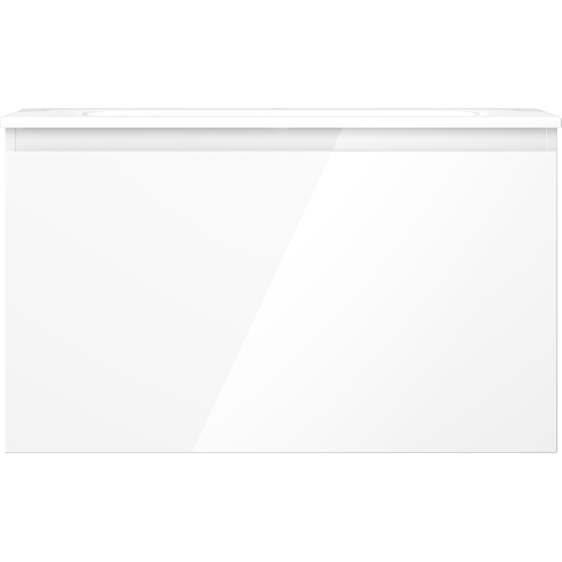 Servant med skap i hvit høyglans, rektangulær front uten synlige håndtak, minimalistisk design.