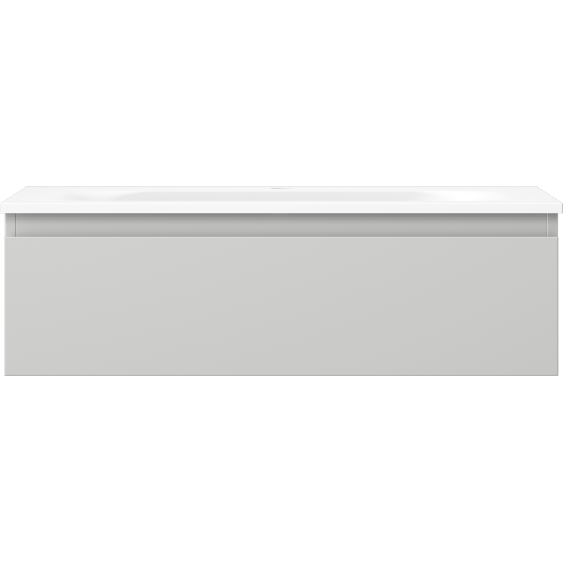 Servant med skap i hvitt, vegghengt baderomsmøbel med glatt front uten håndtak, minimalistisk design.