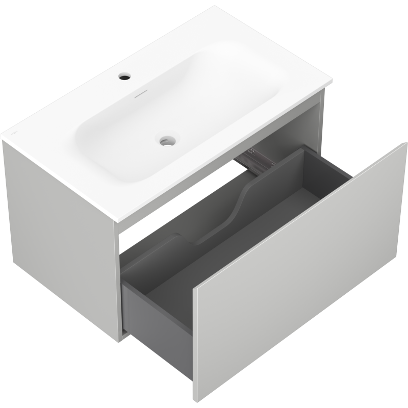 Baderomsskap med vask 80 cm Mexen Orio i grå og hvit, åpen skuff med mørk grå innredning.