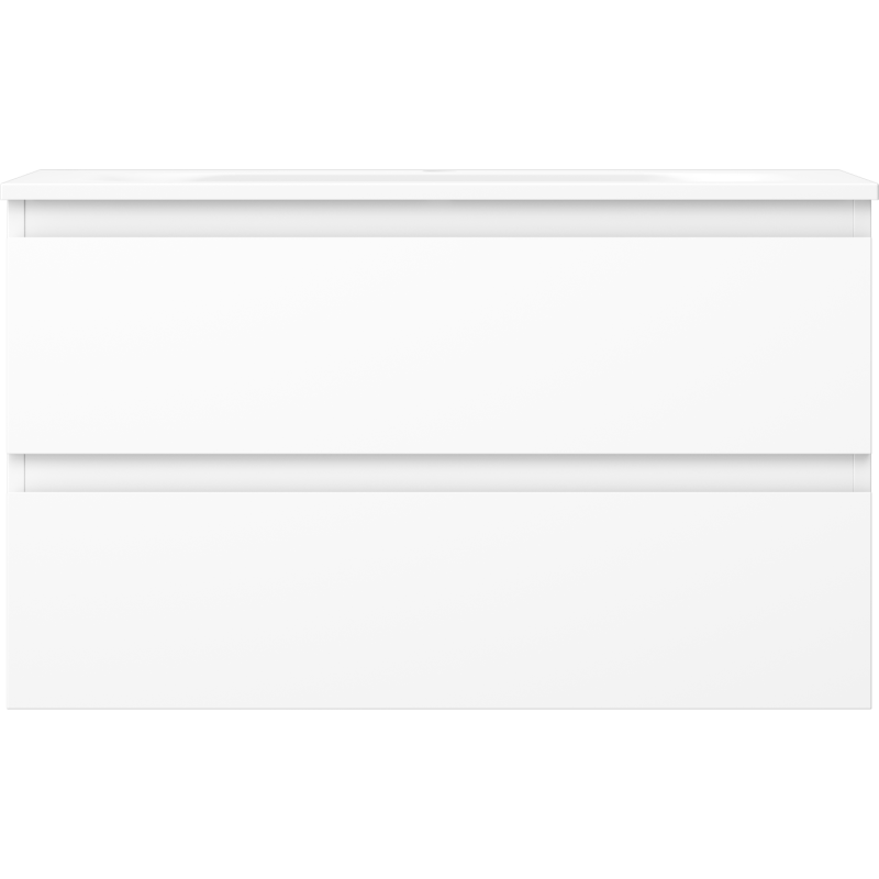 Servant med skap i hvit matt utførelse, to brede skuffer og minimalistisk front uten håndtak.