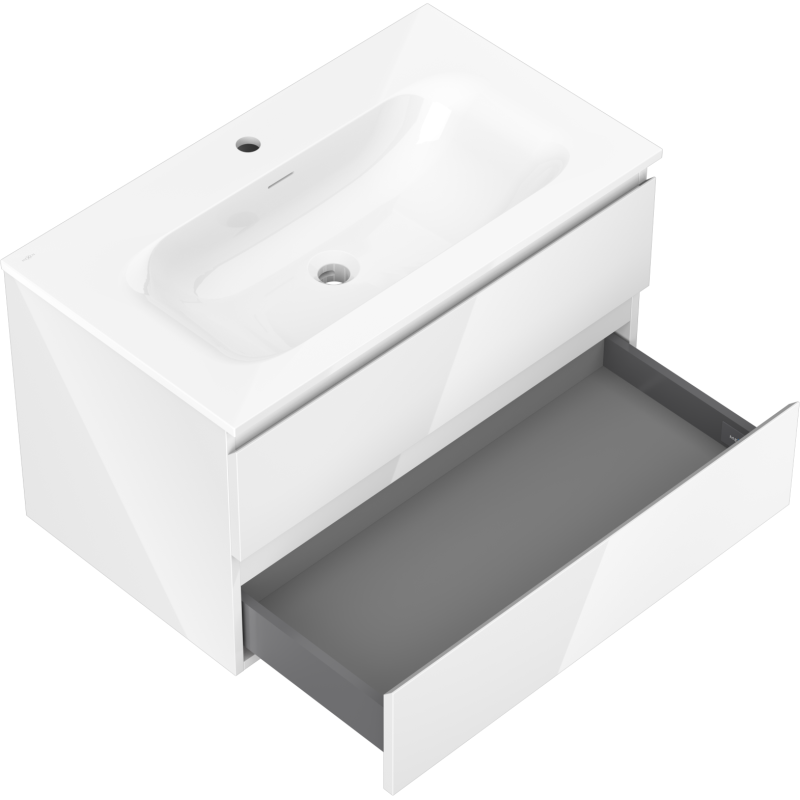 Baderomsskap med servant Mexen Orio 80 cm i hvit høyglans, stor skuff trukket ut og synlig lagringsplass.