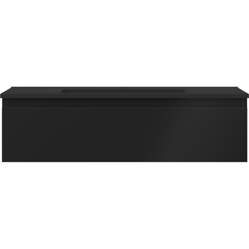 Servant med skap i svart matt utførelse, glatt front uten håndtak, sett rett forfra.