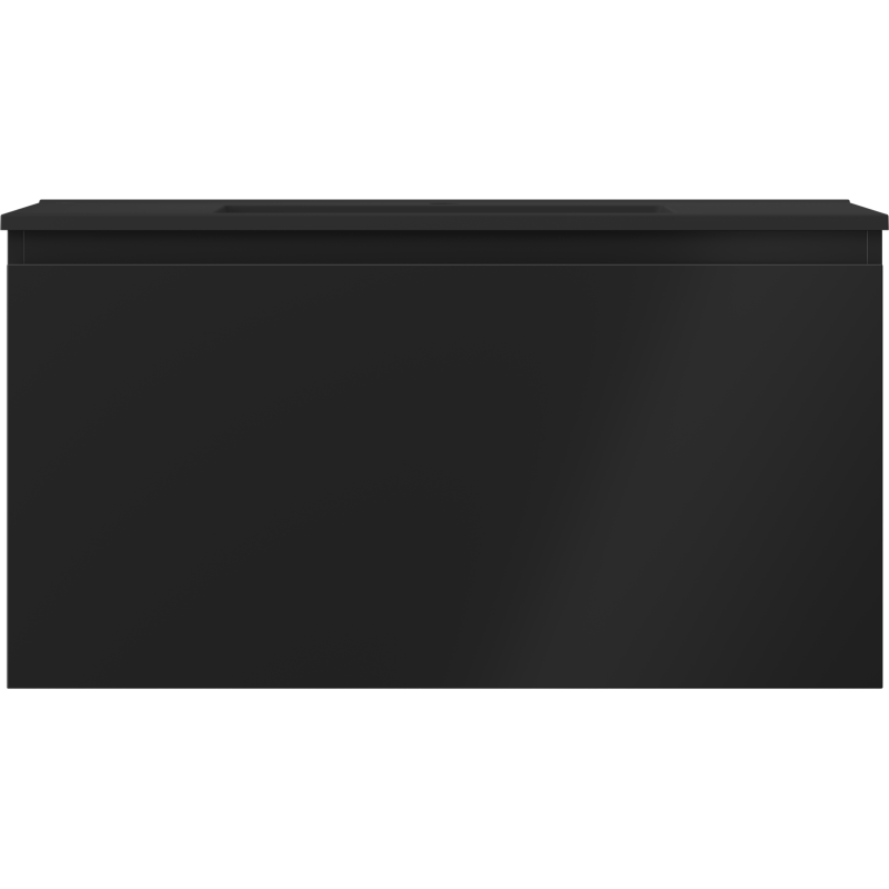 Servant med skap i svart matt finish, rektangulær front uten synlige håndtak, minimalistisk design.