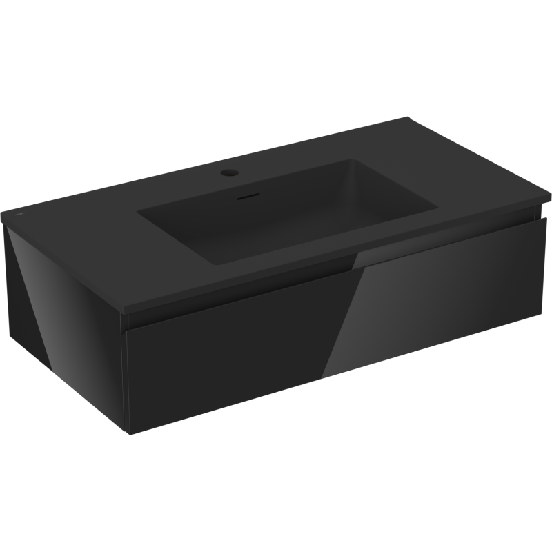 Servantskap med vask i matt svart finish, vegghengt modell Mexen Orio Otis, sett skrått forfra.