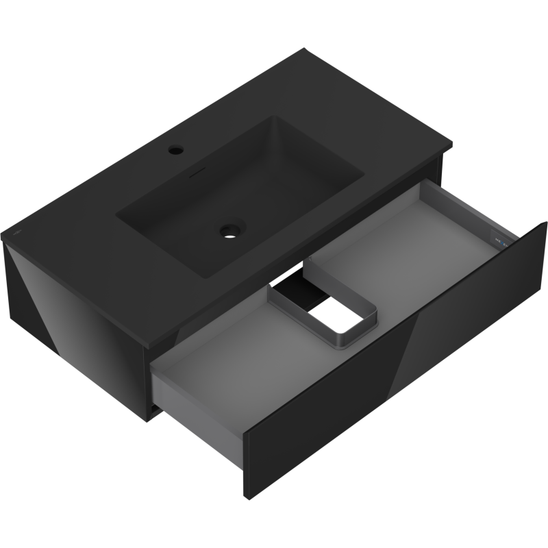 Baderomsskap med vask 90 cm svart høyglans og matt finish, skuff med organizer trukket ut.