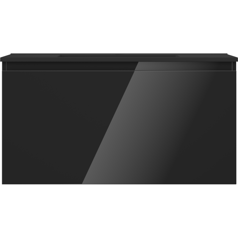 Servant med skap i svart høyglans med én skuff, sett rett forfra uten synlige håndtak.