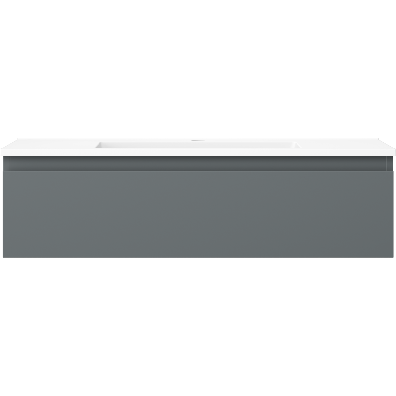 Servant med skap i grafitt og hvit matt med én skuff, minimalistisk design sett forfra.