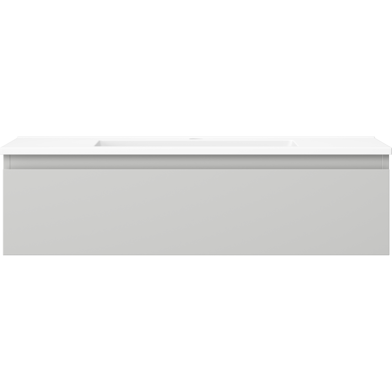 Servant med skap i grå matt finish, rektangulær design med integrert servant, sett rett forfra.