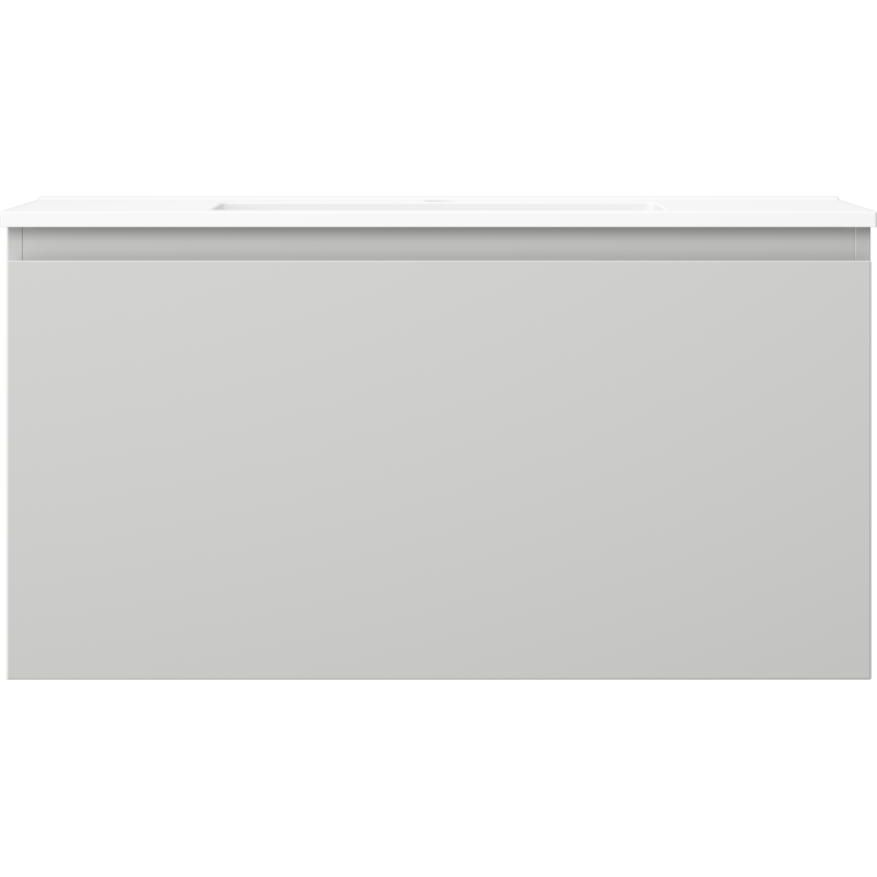 Servant med skap i matt lys grå finish og hvit høyglans topp, sett forfra uten synlige håndtak.