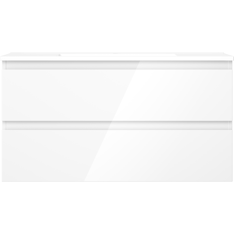 Servant med skap i hvit høyglans med to brede skuffer og minimalistisk design.