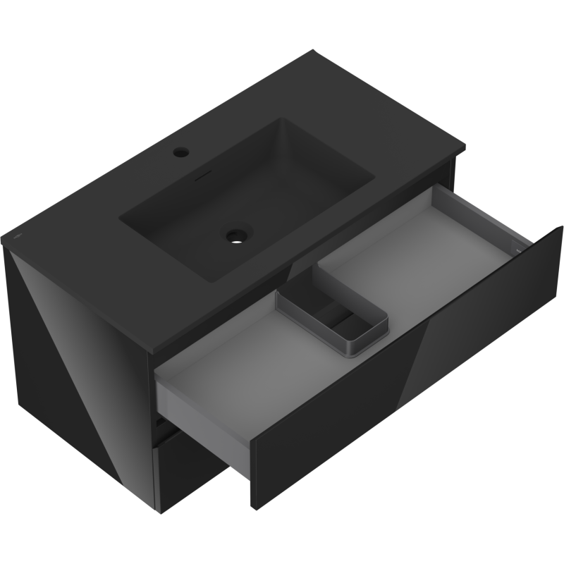 Baderomsskap med vask 90 cm svart, åpen skuff med oppbevaringsboks, sett skrått ovenfra.