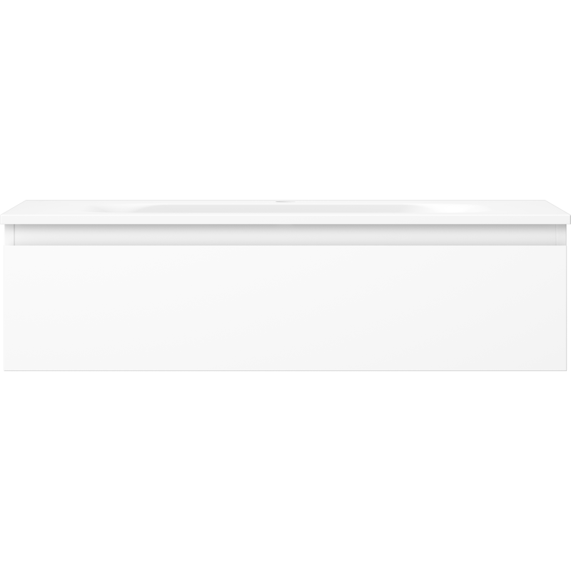 Servant med skap i hvit matt finish, rektangulær front uten synlige håndtak, Mexen Orio Vela.