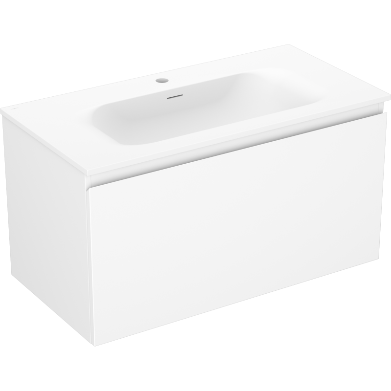 Servantskap med vask 90 cm hvit matt, rektangulær form og én skuff, sett fra skrå vinkel.
