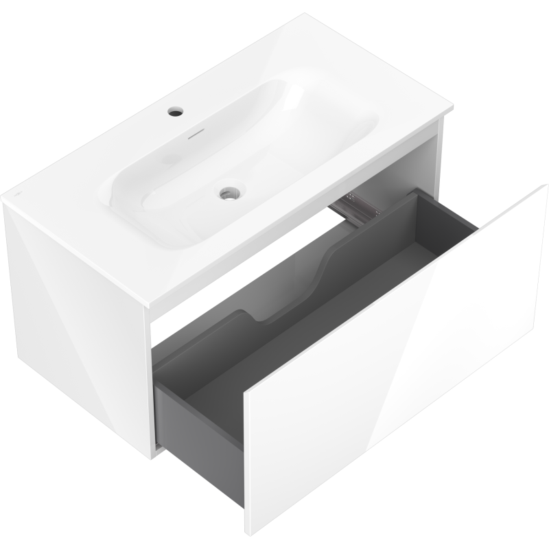 Baderomsskap med vask 90 cm hvit Mexen Orio, åpen grå skuff sett skrått ovenfra.