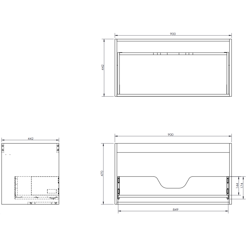 Baderomsskap med servant teknisk tegning som viser mål og dimensjoner for Mexen Orio 90 cm.
