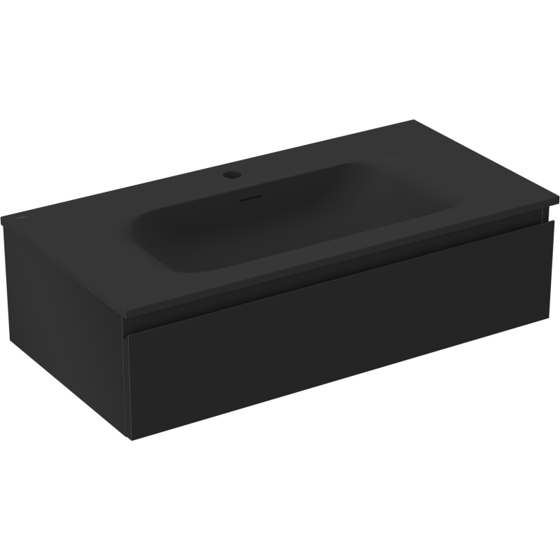 Servantskap med vask 90 cm svart matt med én skuff og integrert servant, sett fra skrå vinkel.