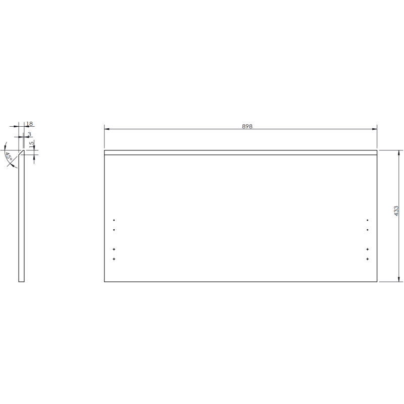 Servantskap med vask teknisk tegning med mål og borehull for Mexen Orio 90 cm svart matt.