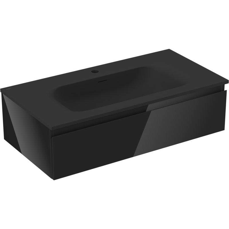 Servantskap med vask 90 cm svart matt med én skuff og hull til blandebatteri, sett fra skrå vinkel.