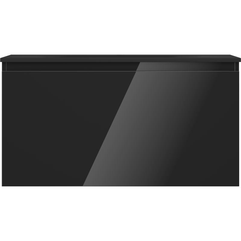 Servant med skap i svart høyglans med én skuff, sett forfra, minimalistisk uten synlige håndtak.