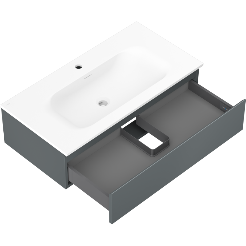 Baderomsskap med vask 90 cm Mexen Orio Vela i grafitt og hvit, skuff trukket ut, sett skrått ovenfra.