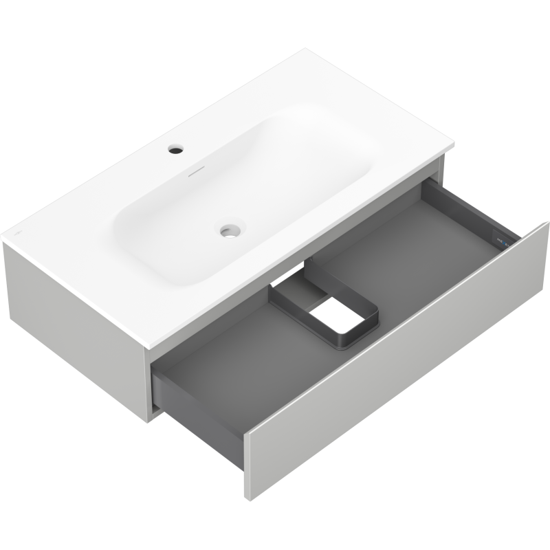 Baderomsskap med vask 90 cm Mexen Orio Vela, åpen skuff med grå innside og utsparing.