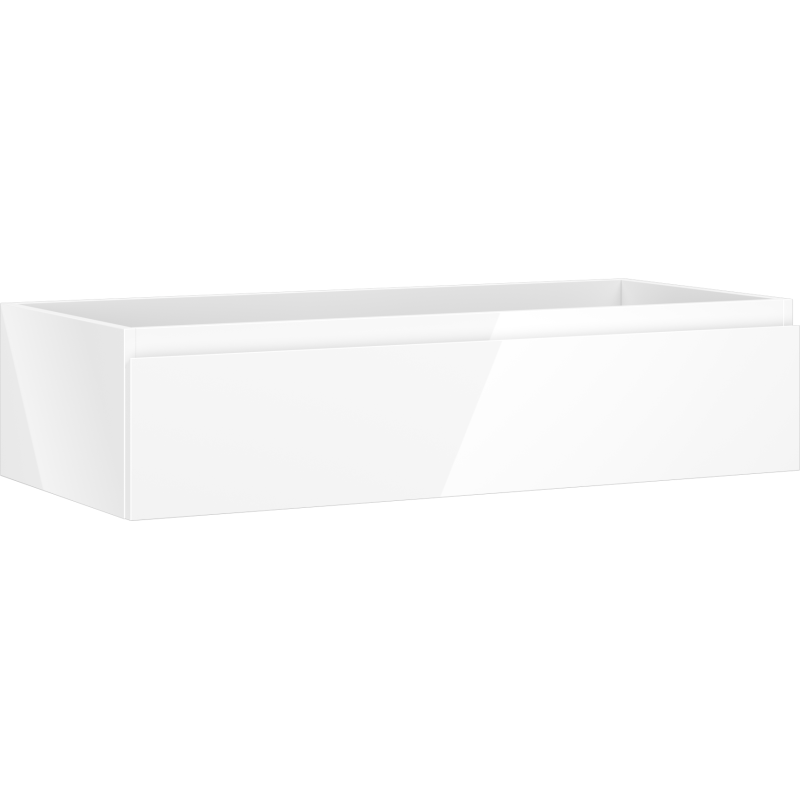 Servantskap 100 cm hvit høyglans med én skuff, sett fra venstre side og forfra, moderne design.