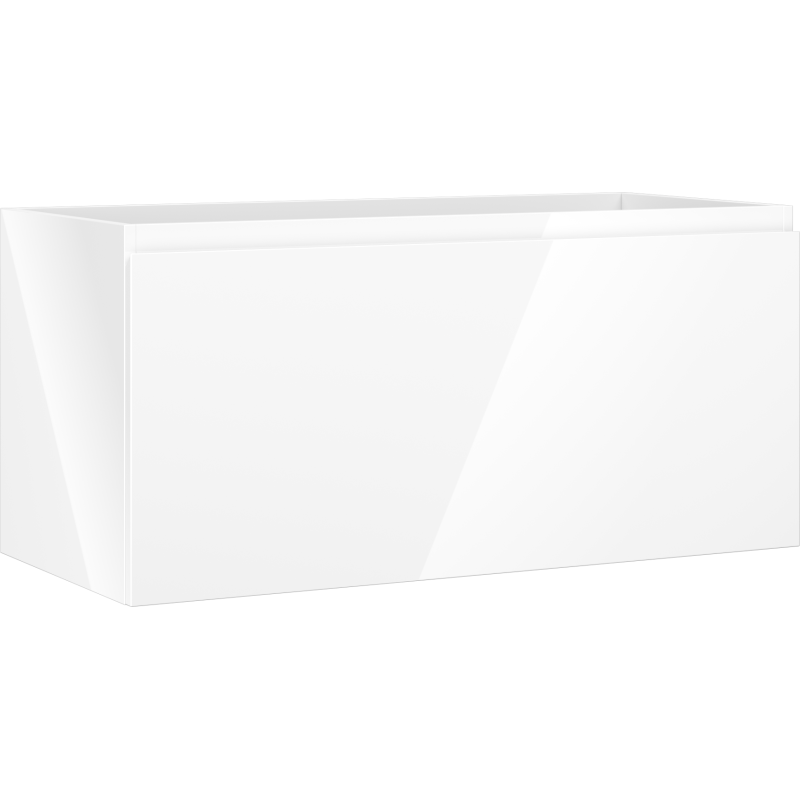 Servantskap 100 cm i hvit høyglans med én skuff, sett fra skrått frontperspektiv.