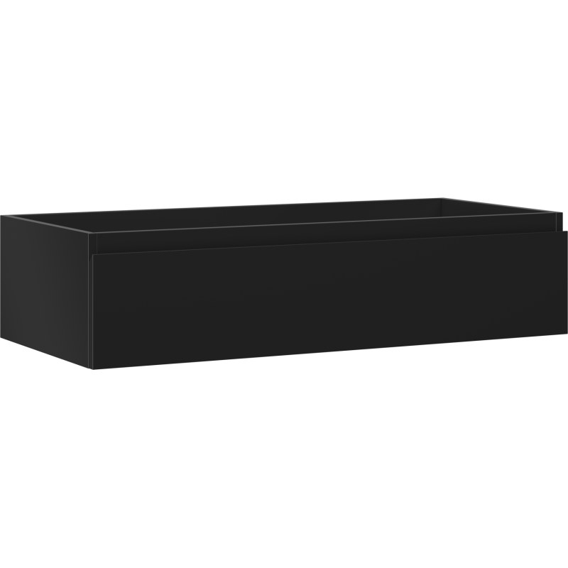 Servantskap 100 cm svart matt med én skuff, sett fra skrå front uten synlige håndtak.