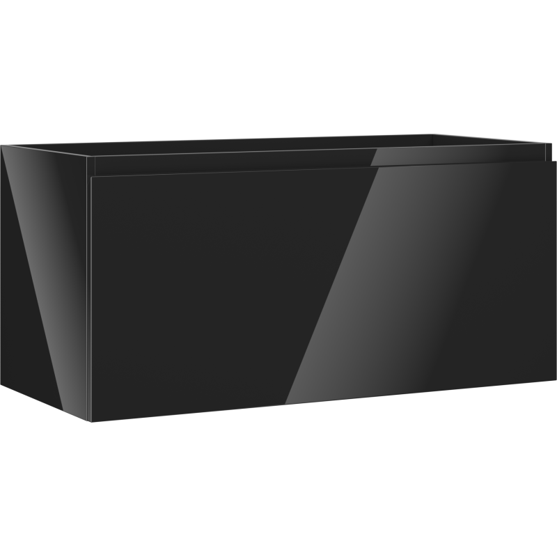 Servantskap 100 cm i svart høyglans med én skuff, sett fra skrått sideperspektiv.