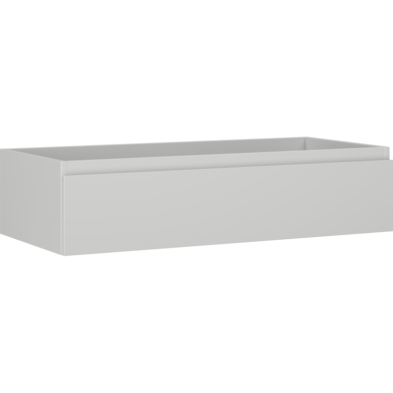 Servantskap 100 cm grå matt med én stor åpen skuff og håndtaksløs front, sett fra skrå vinkel.