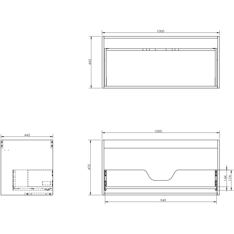 Servantskap til bad teknisk tegning av Mexen Orio 100 cm med mål og detaljer fra tre vinkler.