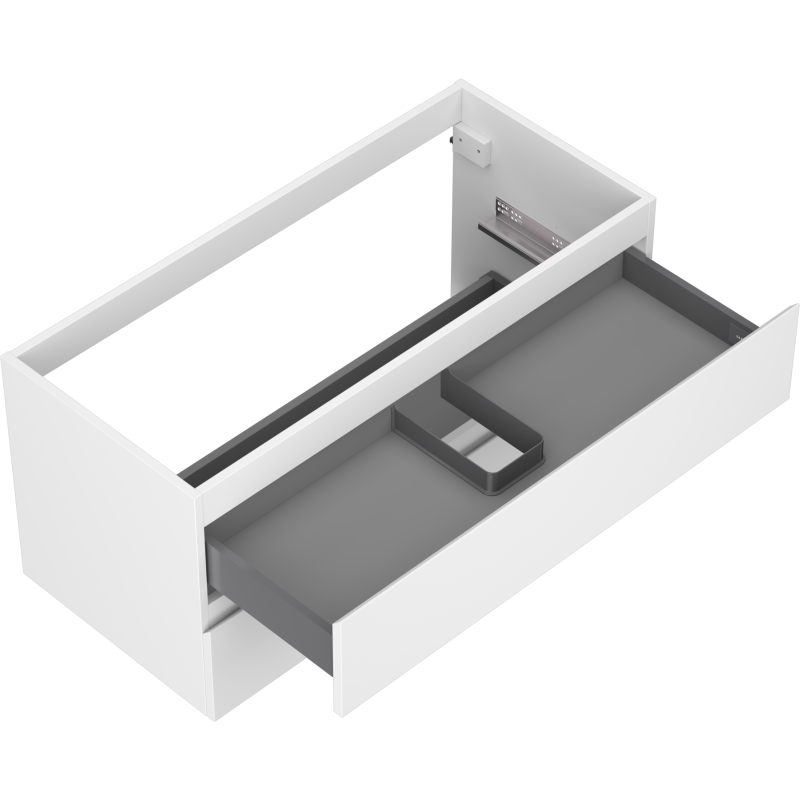 Servantskap uten vask 100 cm Mexen Orio i hvit matt med to skuffer og grå innside, sett ovenfra.