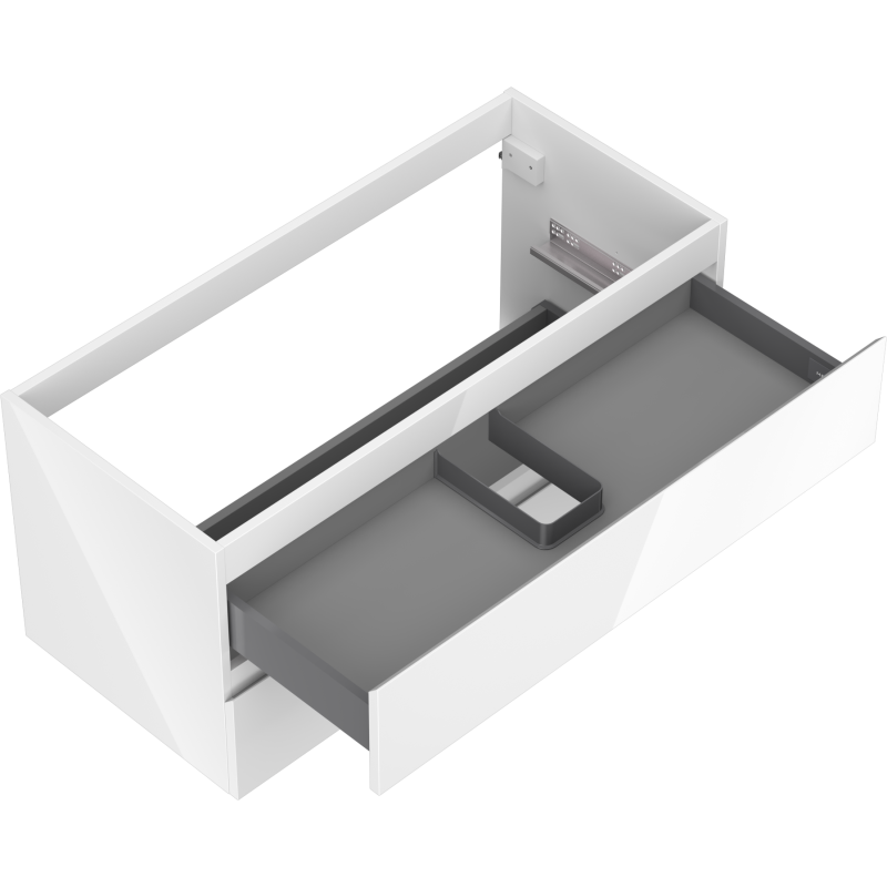 Servantskap uten vask 100 cm Mexen Orio, hvit høyglans med grå skuff og utskjæring for røropplegg.