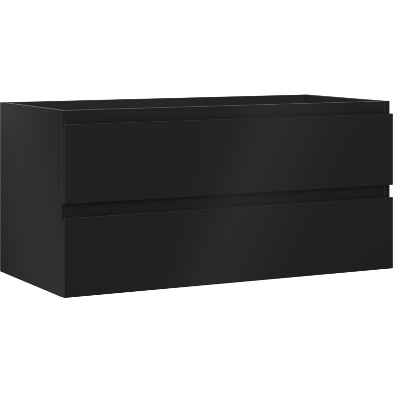 Servantskap 100 cm svart matt med to skuffer, sett fra skrå vinkel uten synlige håndtak.