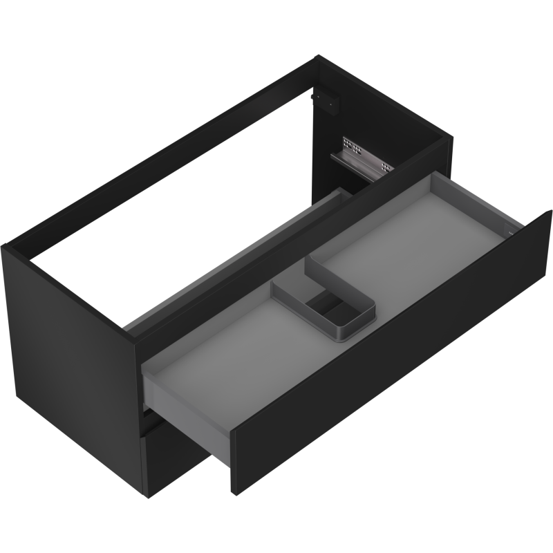Servantskap uten vask svart matt Mexen Orio med to skuffer, skråvinkel og åpen grå skuff.