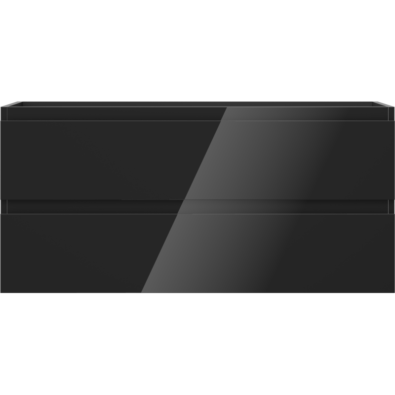 Underskap til servant i svart høyglans med to glatte skuffer, sett rett forfra.