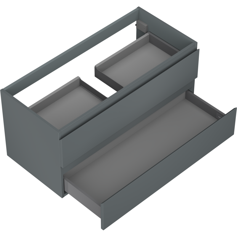 Servantskap til bad 100 cm Mexen Orio i grafitt matt med to åpne skuffer, sett skrått ovenfra.