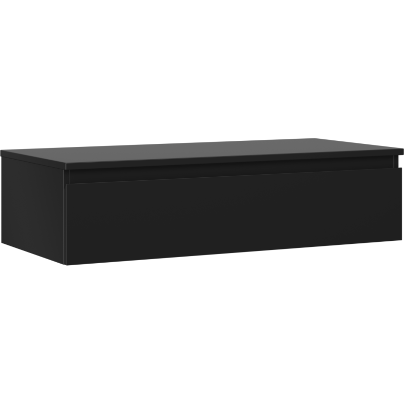 Servantskap 100 cm svart matt med én skuff, sett skrått forfra, minimalistisk design.