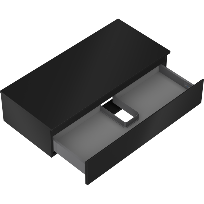 Servantskap uten vask svart matt skuff med innsats og utsparing, sett skrått ovenfra, delvis åpen.