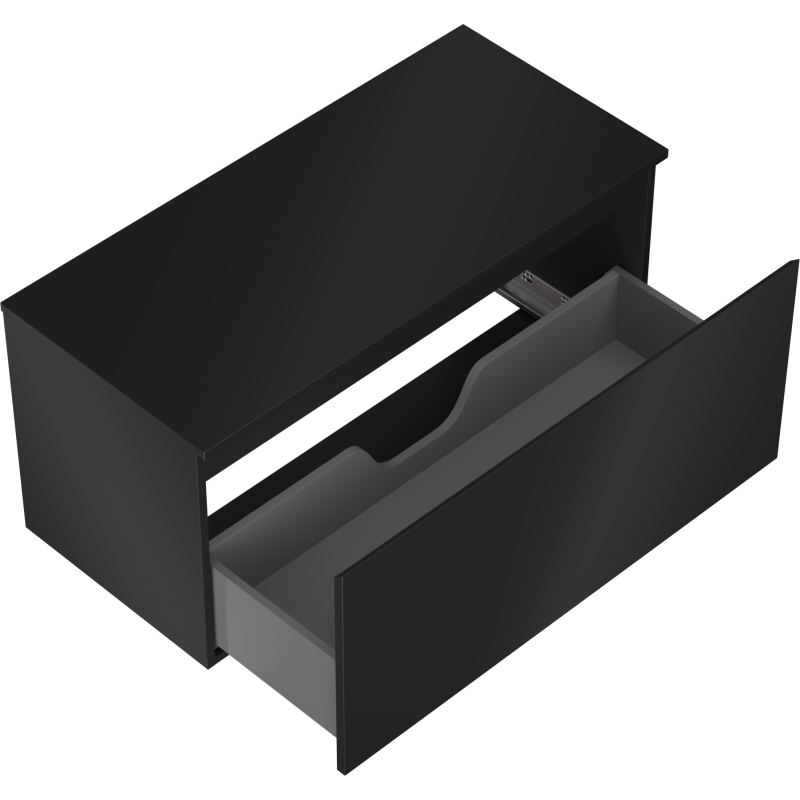 Servantskap uten vask svart matt Mexen Orio med åpen skuff og utskjært rom for rør, sett ovenfra.