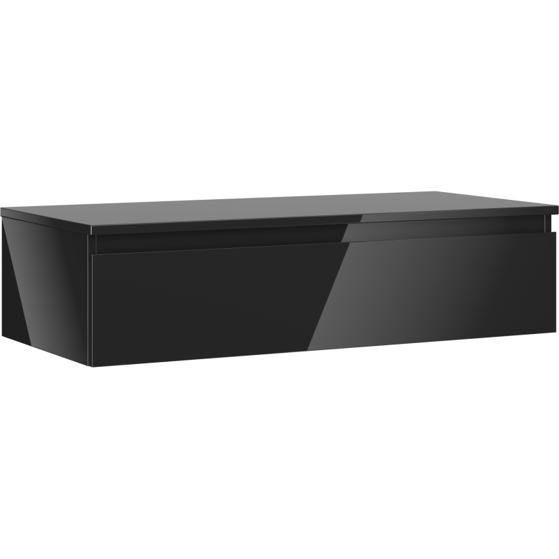 Servantskap 100 cm svart høyglans fra Mexen Orio med én skuff, sett skrått forfra.