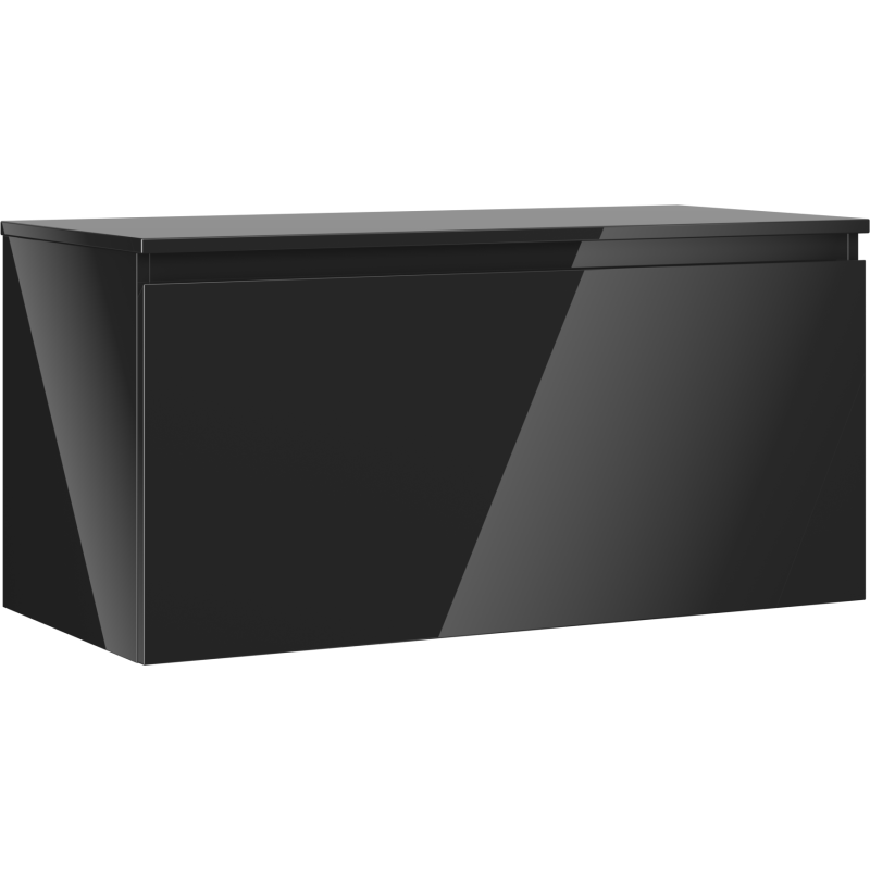 Servantskap 100 cm svart høyglans med én skuff, sett fra skrått sideperspektiv.