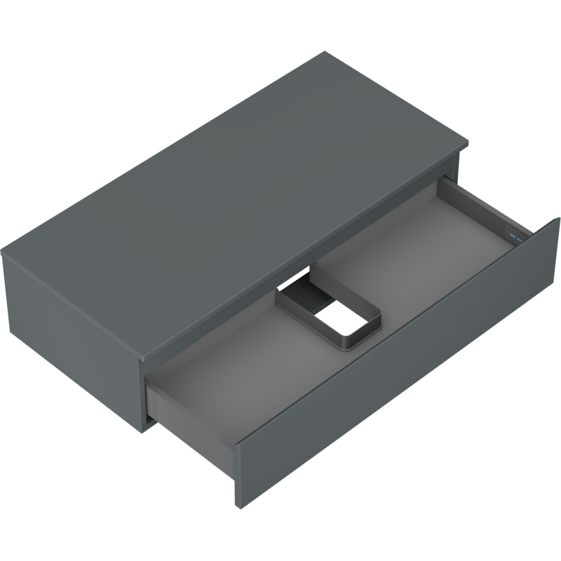 Servantskap uten vask 100 cm Mexen Orio i grafitt matt med åpen skuff og utsparing sett skrått ovenfra.