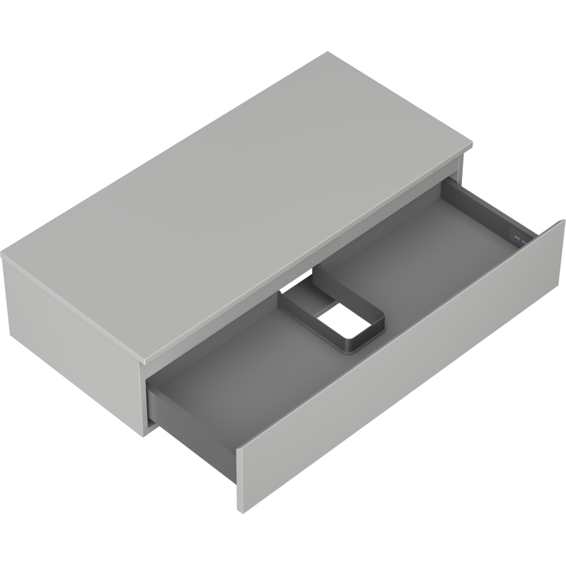 Servantskap uten vask i lys grå matt med åpen skuff og mørk grå inndeling, sett ovenfra.