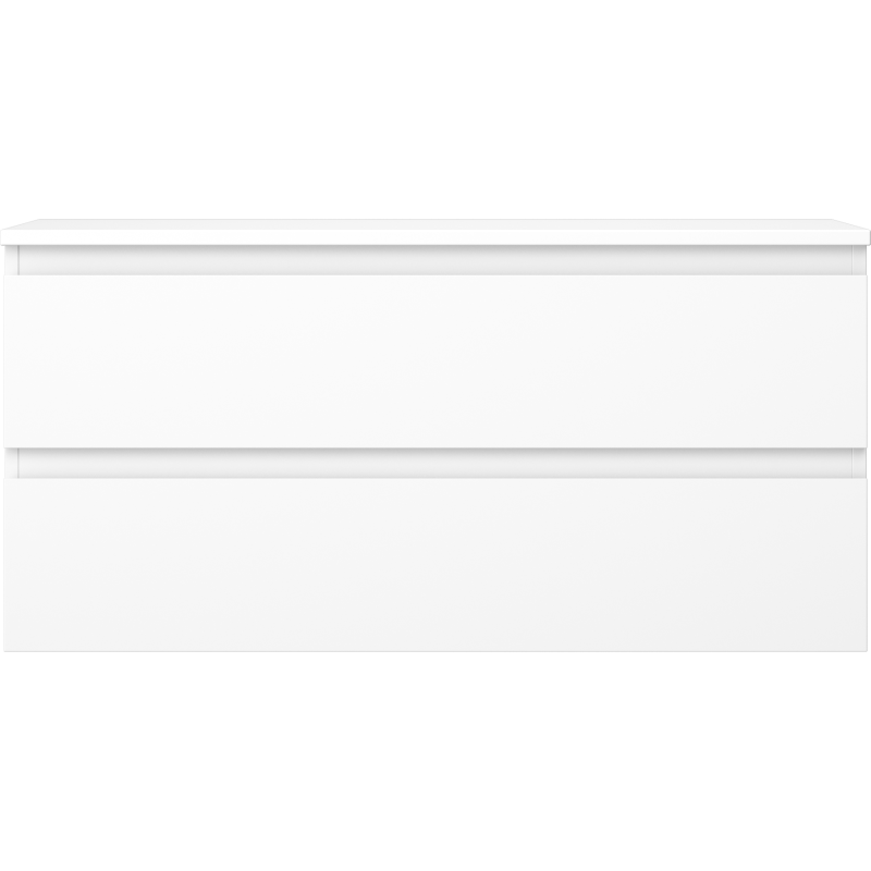 Underskap til servant i hvit matt finish med to brede skuffer, minimalistisk design uten håndtak.