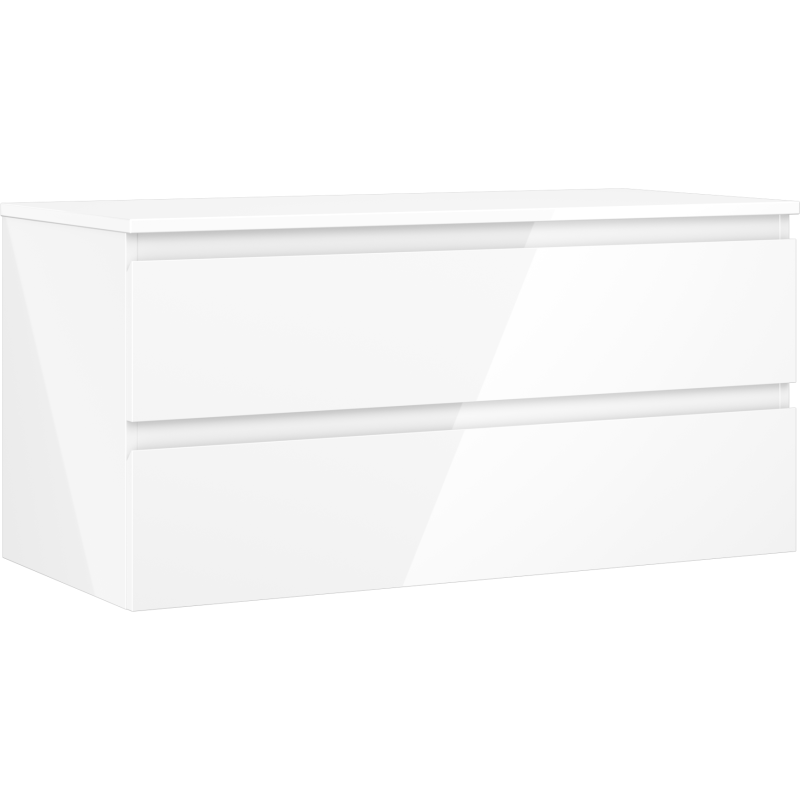 Servantskap 100 cm hvit høyglans med to skuffer, sett skrått forfra i minimalistisk design.