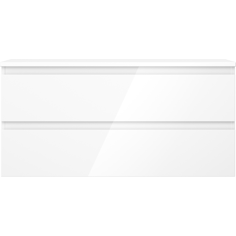 Underskap til servant i hvit høyglans med to brede skuffer uten håndtak, sett forfra.