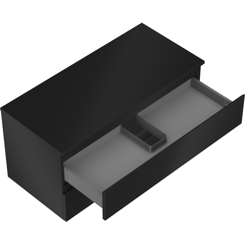 Servantskap uten vask svart Mexen Orio med åpen skuff og grått inndelingsbrett, sett skrått ovenfra.